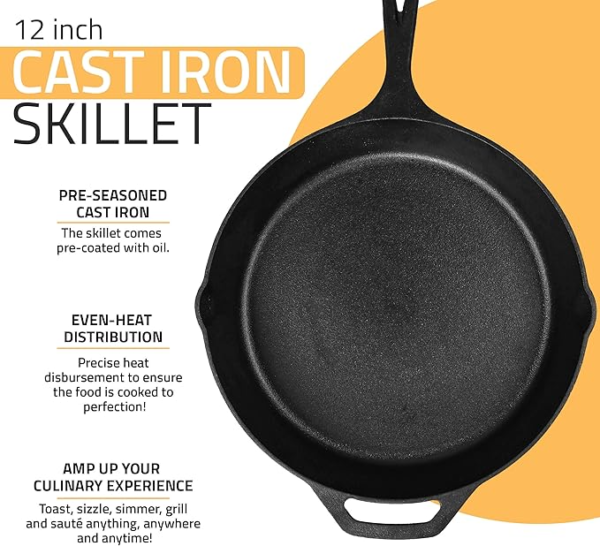 12 Inch Pre-Seasoned Cast iron Skillet - Frying... - Image 3